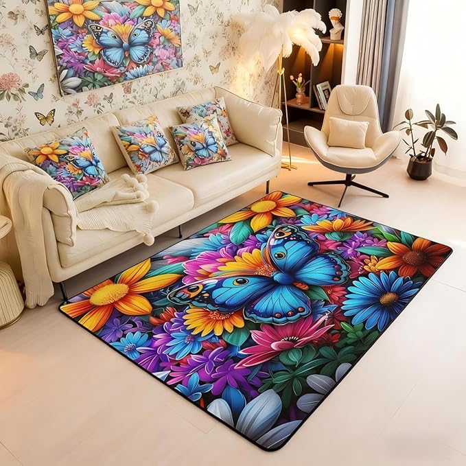 Colorful Butterfly 5x7 Area Rug Rainbow Flowers Living Room Rug | Rustic Butterflies Rugs for Bedroom, Watercolor Beetles Aesthetic Animal Carpet Indoor Floor Mat