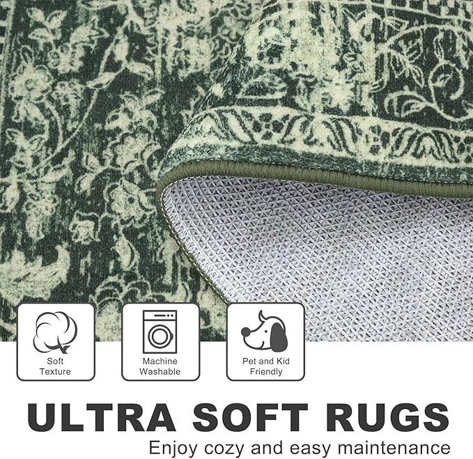 KILOCOCO Hallway Runner 2x6 Rug Runner Printed Vintage Floral Washable Kitchen Runners Non-Slip Rubber Backed Runners for Hallways Laundry Room Distressed Boho Rugs for Entryway Bedroom, Green