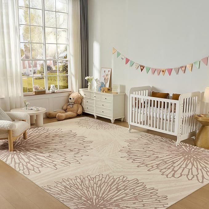 WITSHOCK 10x14 Area Rugs for Living Room: Beige Floral Washable Rugs for Bedroom Dining Room Office Nursery Modern Non-Slip Stain Resistant Low Pile Home Decor（Beige/Brown,10'x14'）