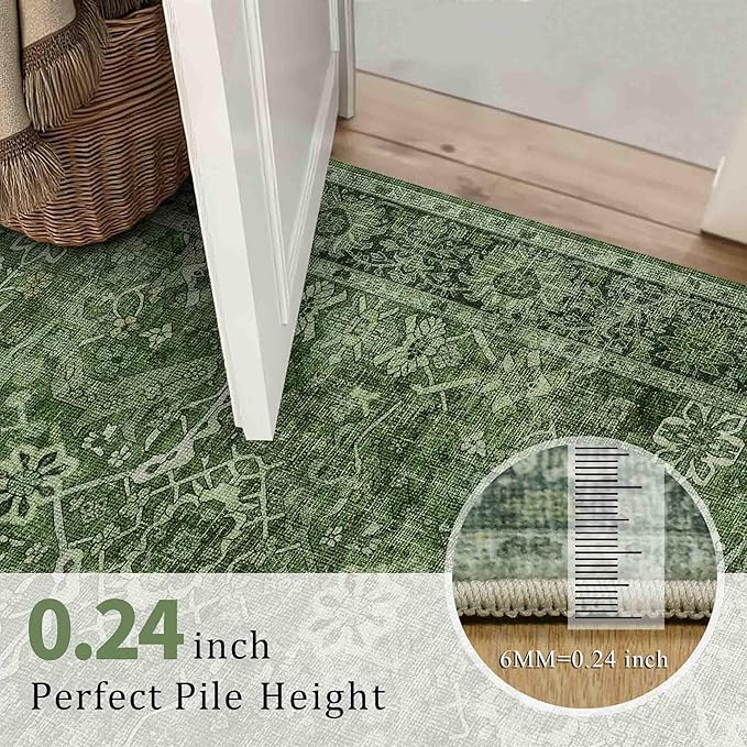 6x9 Green Washable Rug for Living Room Large Vintage Distressed Bedroom Rug Low Pile Non-Slip Soft Boho Carpets for Bedroom Dining Room Home Office Indoor Nursery