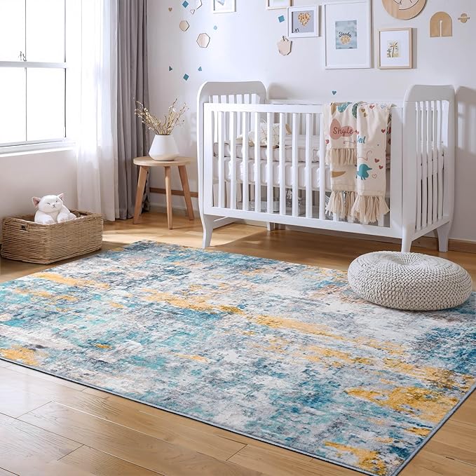 Ompaa Living Room Rug 5x7 Blue Area Rug Machine Washable Boho Rug Non Slip Abstract Vintage Indoor Large Rugs for Bedroom, Classroom, College Dorm, Farmhouse, Dining Room, Kids Playroom