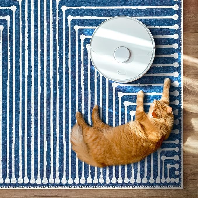 GLN Rugs Contemporary Collection - Machine Washable Area Rug, Contemporary Washable, Non Slip, Low Pile Chenille Rug, Living Room, Bedroom, Kitchen Rug (9' x 12' Lines Blue)