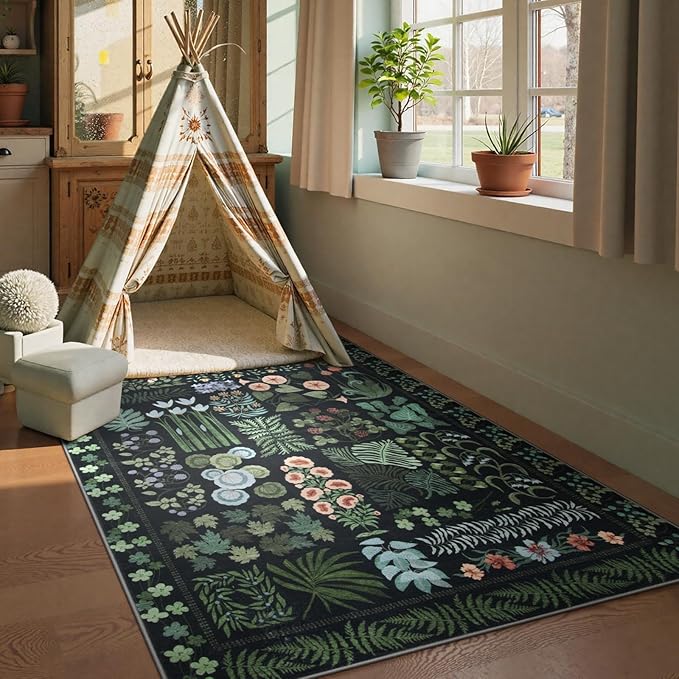 Floral Boho 3x5 Black Bathroom Entryway Kitchen Rug Non Slip Washable, Botanical Flower Area Rugs for Bedroom, Soft Modern Indoor Throw Carpet for Laundry Living Room Entrance (Black,3 x 5)