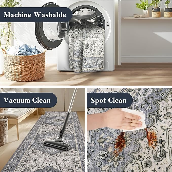 PURRUGS Vintage Farmhouse Boho Runner Rug 2x6 ft, Non-Slip Machine Washable Rug, Accent Oriental Area Rug for Kitchen, Hallway, Entryway, Bedroom, Living Room & Dining Room, Periwinkle Gray/Soft Ivory