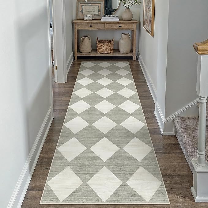 3x8 Runner Checkered Rug for Hallways Grey Washable Long Carpet Non-Slip Low Pile Boho Indoor Accent Throw Rug for Entrance Kitchen Bedroom Dining Laundry