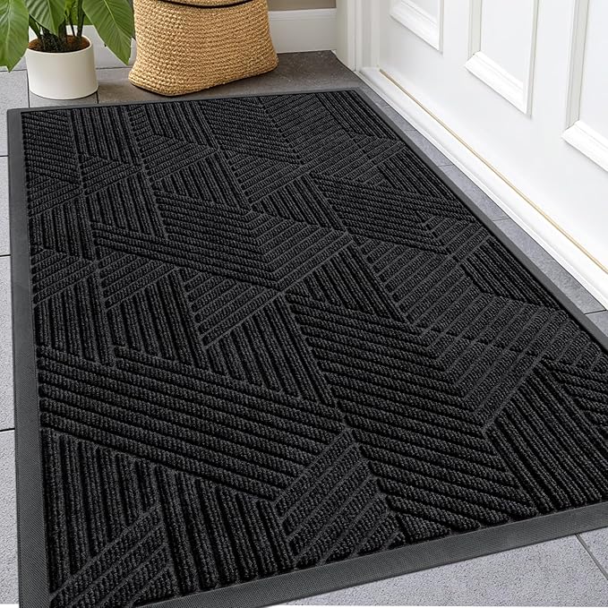 Kitinjoy Front Door Mat Outside Entrance, Sturdy Natural Dirt Trapper, Heavy Duty Rubber Doormat, Low Profile Non-Slip Backing, Easy Clean Floor Mat for Indoor Outdoor Entry, 47X23 Inch, Black