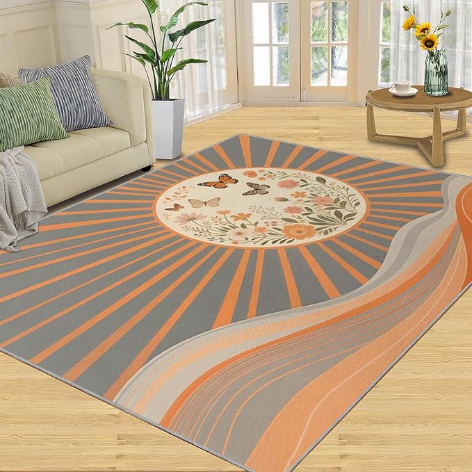 Boho Sun Area Rugs 8x10ft, Minimalist Line Area Rug for Living Room, Geometric Solar Modern Rug with Double Sided Carpet Tape for Bedroom Men Room Decor