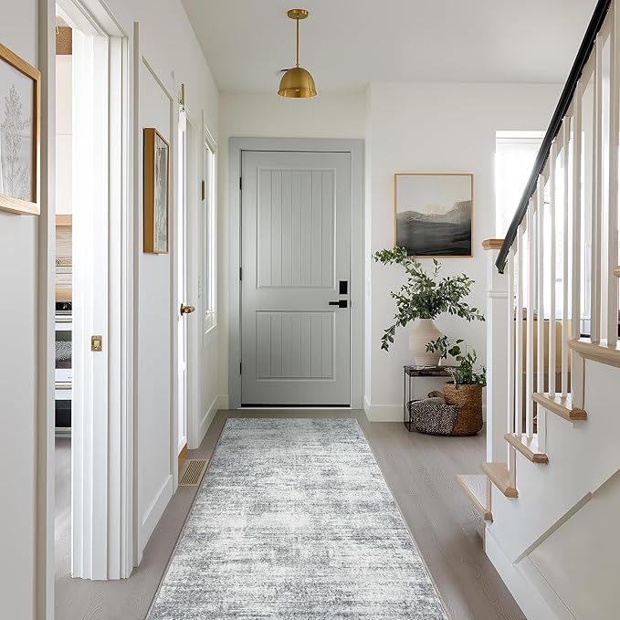 Modern Abstract Neutral Grey Kitchen Rugs Non Slip Washable Low Pile Bedside Rug Runners 2x6 Light Gray Floor Covering Carpet for Bathroom Laundry Room 2 x 6