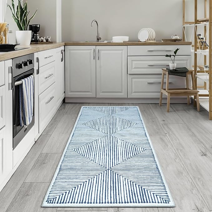 Bloom Rugs Washable Non-Slip 12 ft Runner - Blue/Ivory Striped Runner for Entryway, Hallway, Bathroom, and Kitchen - Exact Size: 2.5' x 12'