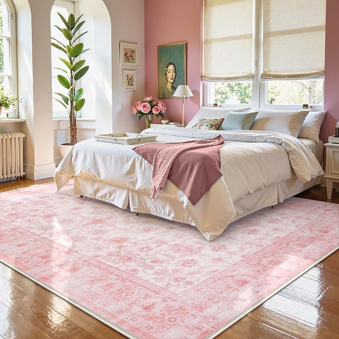 LIVEBOX 8x10 Pink Area Rug for Living Room, Vintage Soft Washable Bedroom Area Rugs, Non-Slip Foldable Floral Rug, Indoor Carpet for Dining Room Nursery Dorm Home Decor