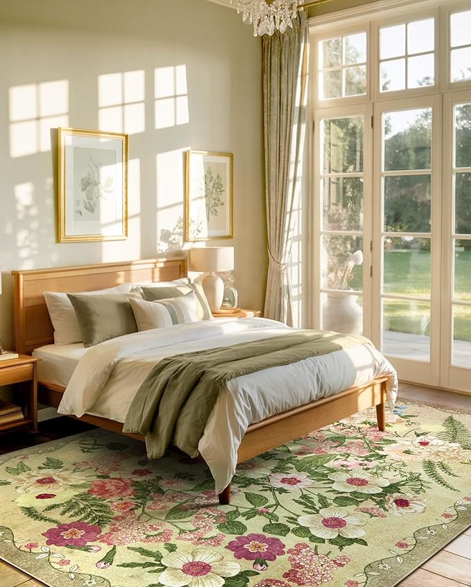 Floral Area Rug Living Room - 8x10 Washable Rugs Low Pile Non-Slip Soft Bedroom Rugs Under Bed Stain Resistant Accent Indoor Vintage Carpet for Dining Room Nursery Home Office Decor, Brown