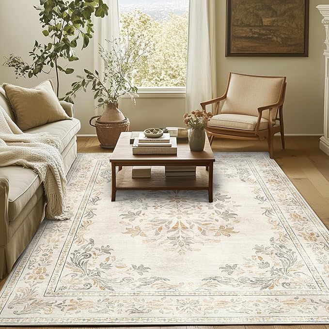 jinchan Vintage Floral 5x7 Area Rugs - Machine Washable Distressed Design Soft Ultra-Thin Low-Pile Non-Slip Carpet for Kitchen Bedroom Nursery Living Room Dining Room Home Office (5x7ft, Light Grey)