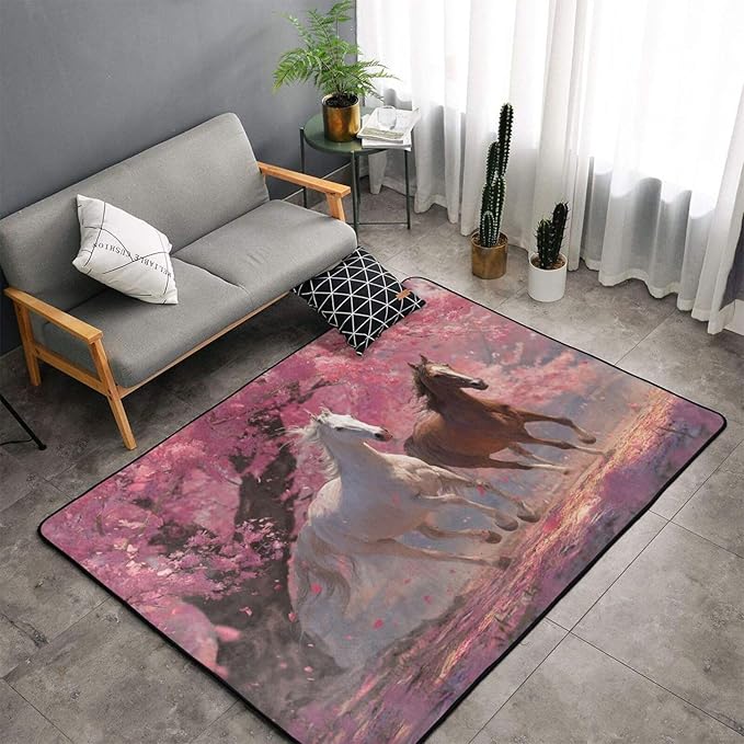 Galloping Horse Cherry Blossom Area Rug Washable Outdoor Rugs Anti-Slip Soft Carpet Entryway Indoor Door Mat for Bedroom,Living Room,Porch,Terrace and Entrance Decor 9'x 6'