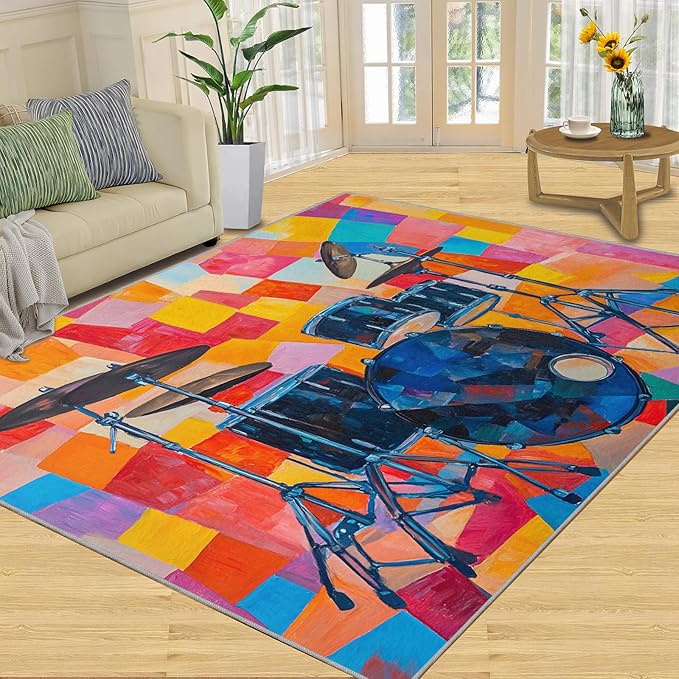 8x10 Drum Set Rugs for Living Room - Abstract Art Large Area Rug, Pop Art Modern Boy Nursery Rug Soft Washable for Classroom Office Bedroom Kids Room
