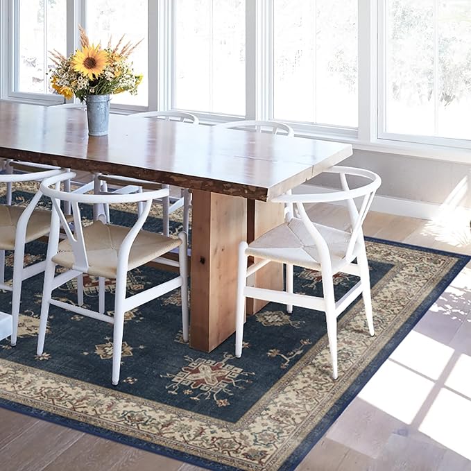 RUGGABLE Washable Vintage Area Rug – Verena Sapphire 6x9, Stain-Resistant, Non-Slip – Medium Machine Washable Rugs for Living Room, Bedroom, Hallway, Entryway & Office–with Cushioned Pad