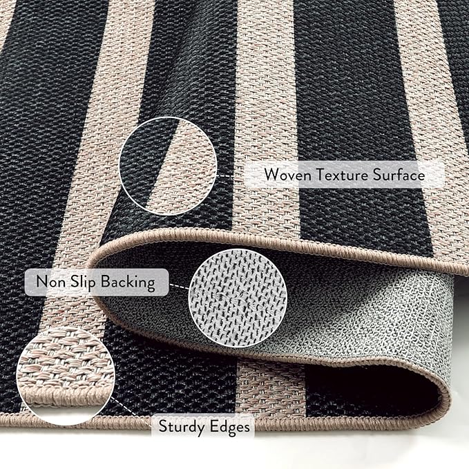Lahome Striped Easy Jute Kitchen Runner, 2x6 Washable Rug Runners for Hallways Non Slip Entryway Rug, Farmhouse Neutral Indoor Outdoor Black Carpet for Laundry Room Front Porch
