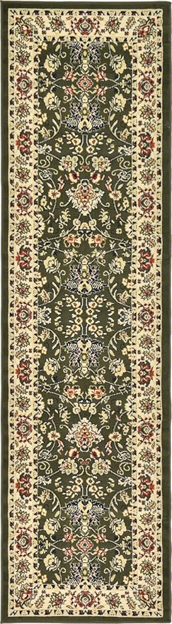Rugs.com Yasmin Collection Rug – 10 Ft Runner Green Medium Rug Perfect for Hallways, Entryways