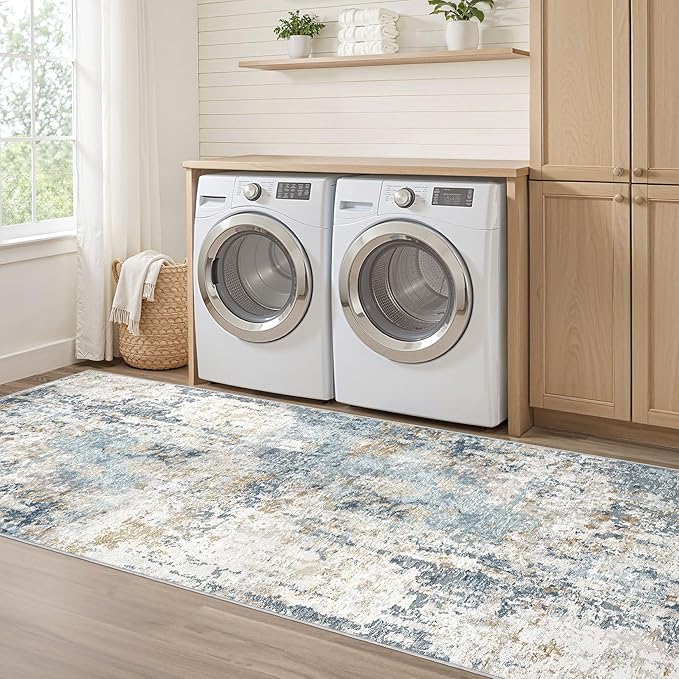 Runner Rug Non Slip Rugs: 2x6 Hallway Kitchen Washable Abstract Soft Modern Stain Resistant Indoor Floor Neutral Accent Throw Carpet for Bathroom Laundry Room Entryway Bedroom- Blue