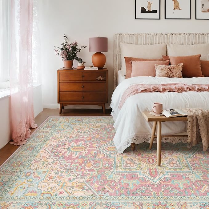 Kokia 8x10 Washable Area Rugs Blossom Pink with Vintage Orient Design Soft Rug for Living Room or Bedroom Non-Slip Low Pile Stain Resistance Features Distressed Medallion Pattern