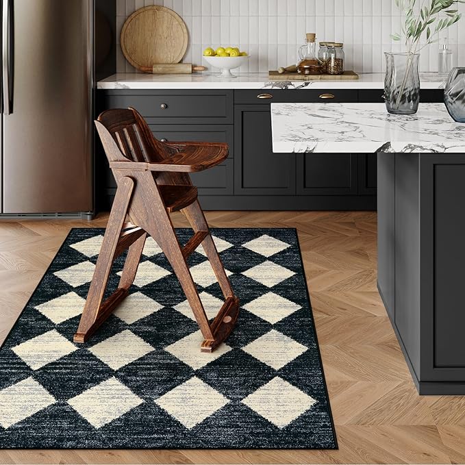 Lahome Machine Washable Area Rugs for Bedroom Aesthetic, 4x6 Soft Living Room Area Rug Non Slip Entryway Rugs, Moroccan Trellis Printed Black and White Indoor Kitchen Carpet for Bedside Office