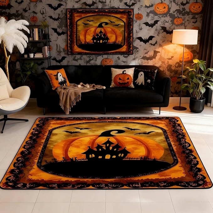Halloween Pumpkin Large Area Rug 5x7 Spooky Haunted House Living Room Rug | Vintage Gothic Rugs for Bedroom, Castle Silhouette Carpet Indoor Floor Mat,Bats Halloween Decoration