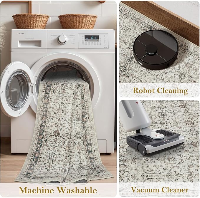 Moynesa Vintage Washable Grey 5x7 Living Room Rug, Neutral Area Rug for Bedroom Dining Room Kitchen, Low Pile Soft Non-Slip Retro Carpets for Office Indoor Nursery