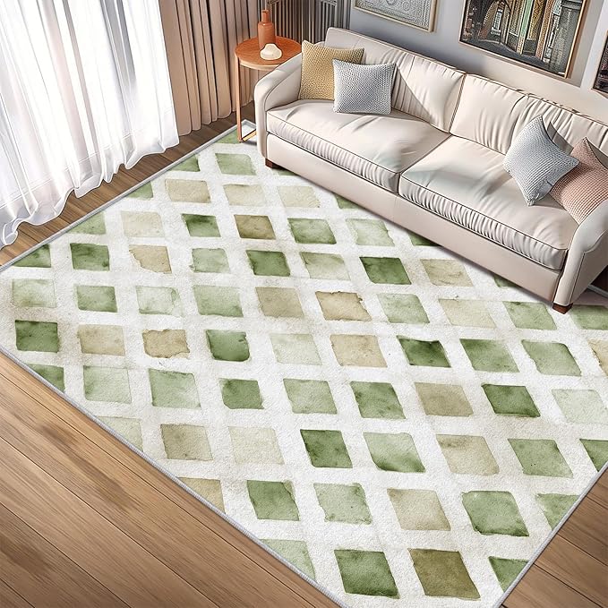 Checkered Rug, Washable 6x8 Rug for Living Room, Geometric Rhombus Patterned Indoor Carpet, Checkered Decor for Home, Bedroom, Soft Non Slip Thin Design FER40