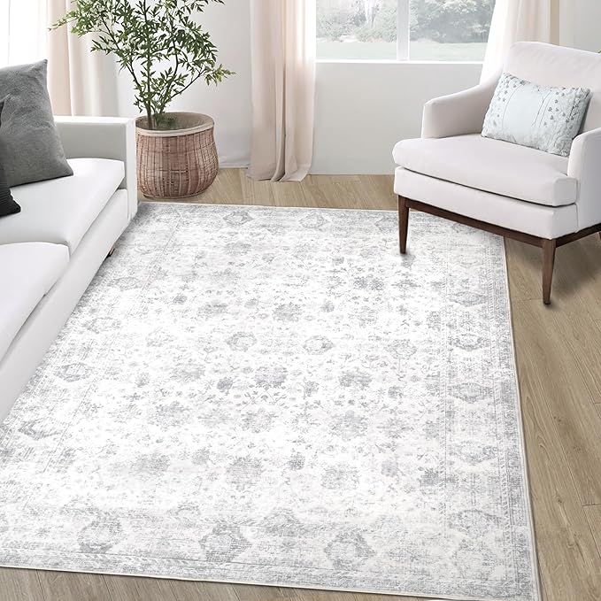 Washable 3×5 Area Rug for Living Room, Vintage Floral Rug Soft Non Slip Stain Resistant Boho Carpet for Bedroom Dinning Room Kitchen Home Office Grey