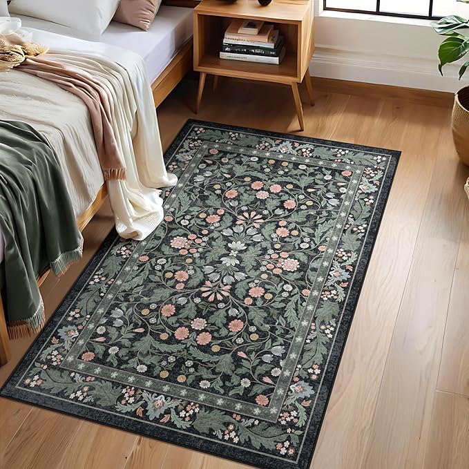 3x5 Washable Area Rug Floral Dark Green Entryway Small Rug Vintage Forest Low Pile Non Slip Stain Resistance Soft Carpet for Kitchen, Bedroom Beside, Laundry Room, Office Rug, Kids Room, Nursery Room
