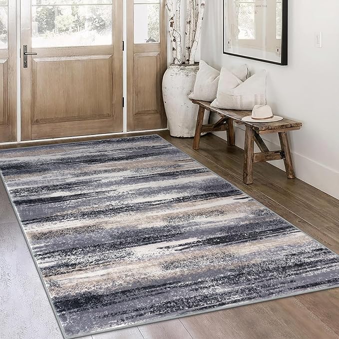 Modern Abstract 4x6 Living Room Washable Rug Non-Slip Soft Bedroom Area Rug Grey Black Multi Thin Print Faux Wool Floor Carpet Throw Rugs for Nursery Playroom Dining Room Indoor Home Decor
