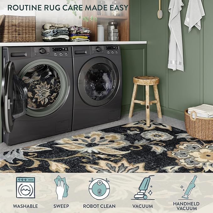 Lahome Floral Washable Area Rugs - 2x3 Non-Slip Small Entryway Rug Indoor, Throw Stain Resistant Kitchen Rugs Soft Black Paisley Print Bathroom Mats DoorMat Carpet for Bedroom Laundry Living Room Sink