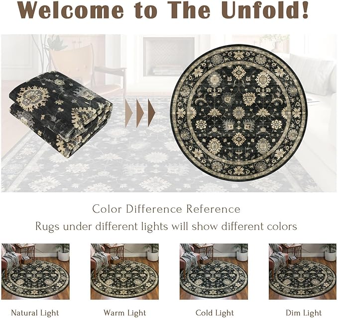 Washable Round Area Rug 6ft - Charcoal Black Traditional Floral Living Room Circle Rug Non-Slip Farmhouse Dining Room Carpet Soft Vintage Boho Round Rugs for Bedroom Office Entryway
