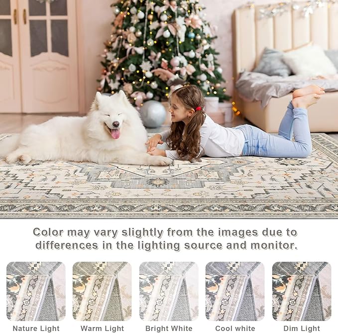 4x6 Grey Beige Area Rug for Living Room, Machine Washable Rugs with Non-Slip Backing for Bedroom, Vintage Medallion Carpet Kitchen Laundry Kids Room Decor