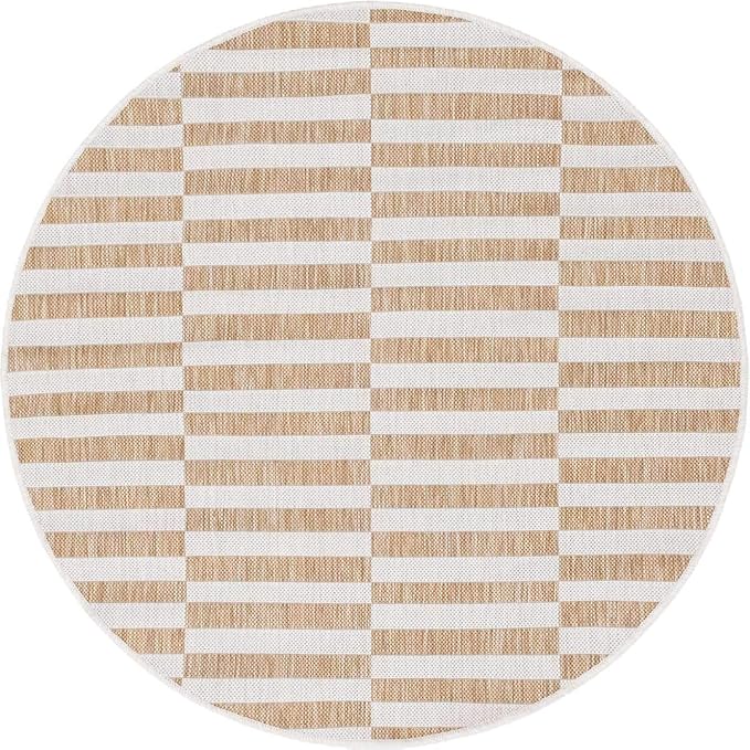 Unique Loom Outdoor Striped Collection Area Rug - Striped (4' 1" Round, Taupe/Ivory)