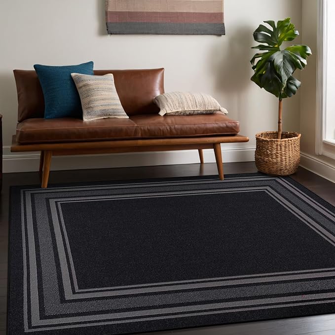 Beverly Rug Non Slip Area Rugs 8x10 Modern Bordered Non Skid Rubber Backing Soft Area Rug for Living Dining Room Easy to Clean Non Shedding Kitchen Bedroom Indoor Carpet 8 x 10 Black