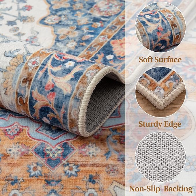 Ciicool 3x5 Area Rug, Washable Boho Rugs for Bedroom Non-Slip Indoor Rugs Large Low-Pile Mat Floor Carpet Vintage Rug for Kitchen Living Room Office Dinning Foyer Decor