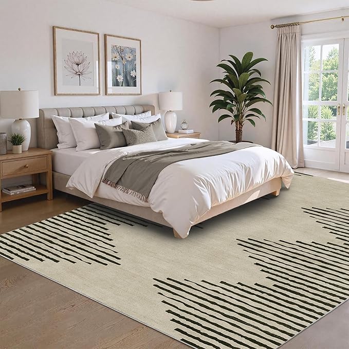 HelloTree Area Rug for Living Room 8x10 Washable Geometric Moroccan Rug Stripe Farmhouse Bohemian Minimalistic Non Slip Non Shedding Ultra Thin Soft Rug for Bedroom Office DiningRoom Nursery-Cream