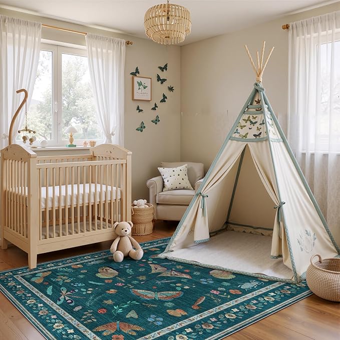 7x9 Bug Pattern Area Rug - Indoor Non-Slip Low Pile Machine Washable Insect Print Rug for Entryway, Living Room, Bedroom, Kitchen, Laundry (7'x9' Teal)