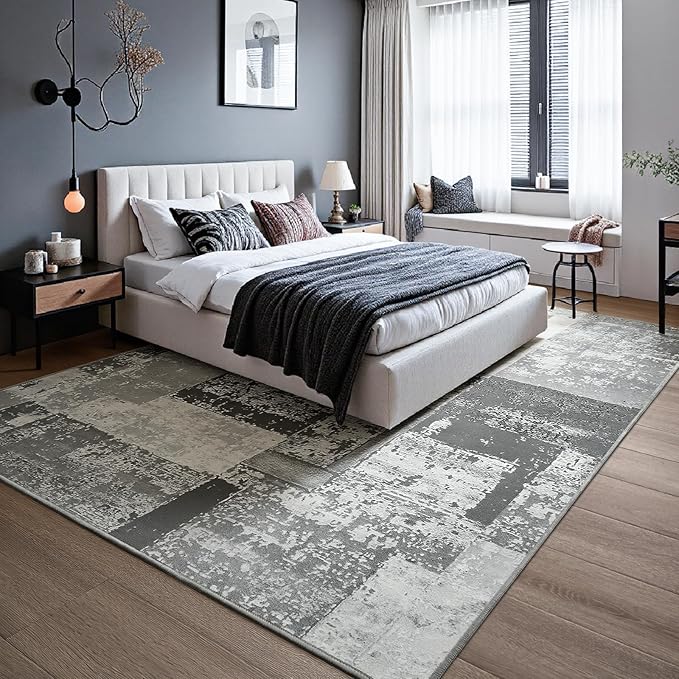 LOCHAS Rug for Living Room, Washable Soft Area Rugs for Bedroom 4x6, Abstract Carpet for Indoor Office Kids Dining Room Nursery Floor, Grey Geometric Vintage Home Decor, Non Slip, Pet Child Friendly