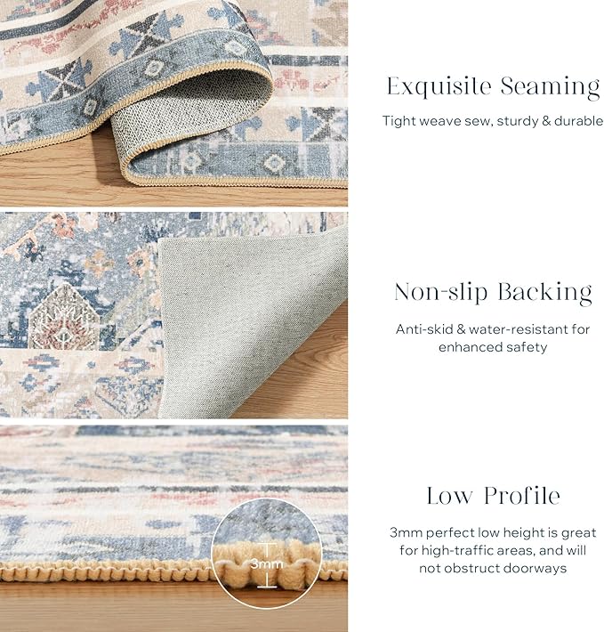 Phantoscope Washable Area Rug 8'x10' Non-Slip, Vintage Neutral Rugs for Living Room, Bedroom, Dining Room, Distressed Boho Geometric Medallion Pattern, Low-Pile Foldable Floor Carpet, Dusty Blue/Multi