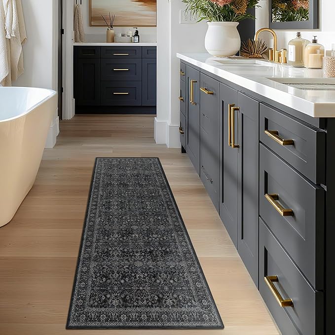 Charcoal Black 2x6 Runner Rug for Hallways Entryway, Vintage Earth Tone Kitchen Bathroom Runner 6ft, Non Slip Washable Low Pile Thin Carpet Runner for Mudroom/Laundry Room/Bedroom Bedside