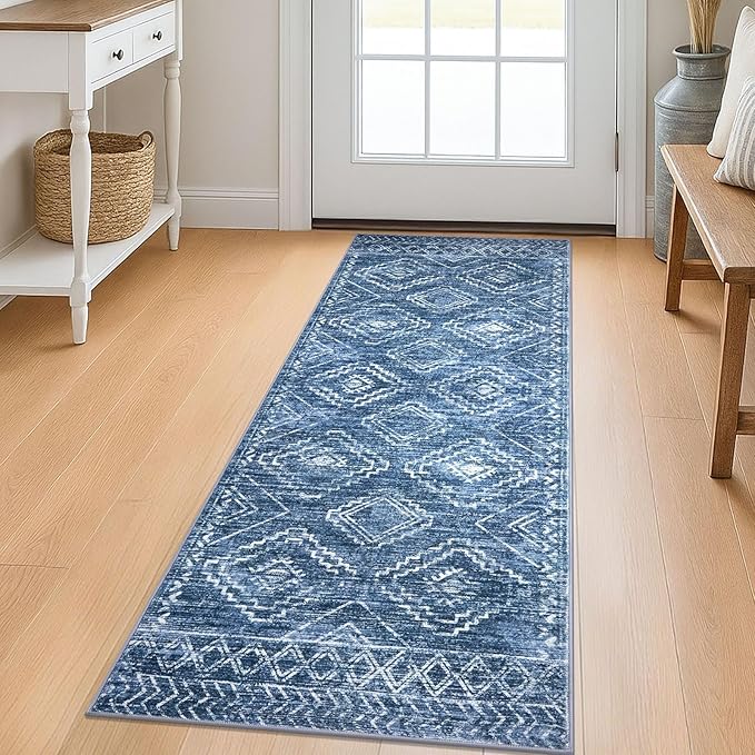 KILOCOCO Runner Rug 2x5 Hallway Runner Rugs Washable Kitchen Runners Non Slip Printed Distressed Laundry Room Rug, Low-Pile Soft Rug Runners for Entryway Bedroom Living Room Bathroom, Stonewashed Blue