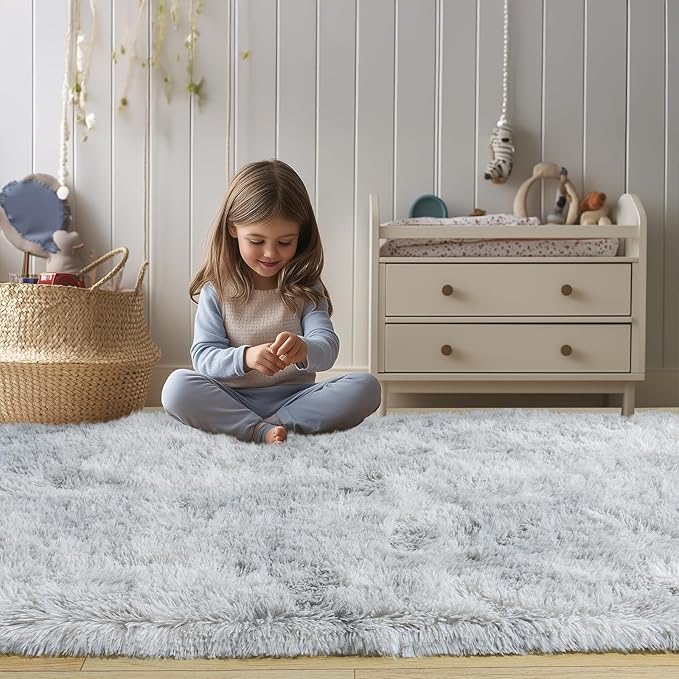 Soft Fluffy Area Rug for Bedroom, Tie-Dye Grey Fuzzy Shaggy Oval Throw Rugs for Bedside, Non-Slip Cozy Plush Shag Carpet for Kids Room Nursery Dorm Living Room, 2.6 x 5.3 Feet