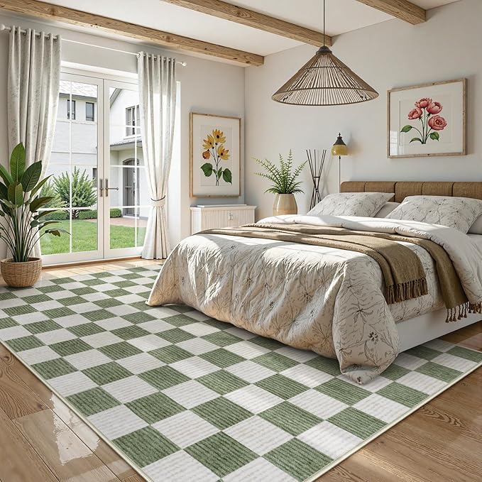 LIVEBOX Machine Washable Area Rug 6x9 Checkered, Non Slip Soft Large Bedroom Living Room Rug Farmhouse Neutral Classic Geometric Pattern Boys Rug, Indoor Carpet for Den Dorm Playroom(Sage Green,6'x9')