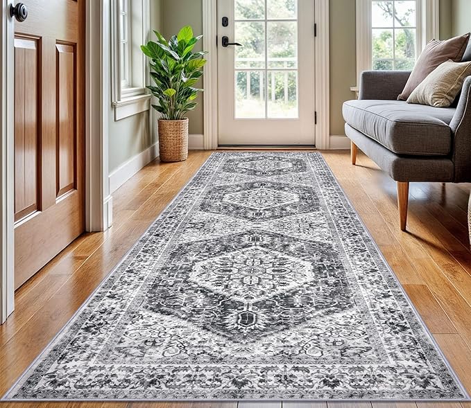 KOZYFLY Long Runners for Hallways 3x10 Ft Washable Kitchen Runner Rug Boho Runner Rug for Entryway Indoor Printed Faux Wool Stair Runner Floor Carpet for Stair Kitchen Hall, Grey