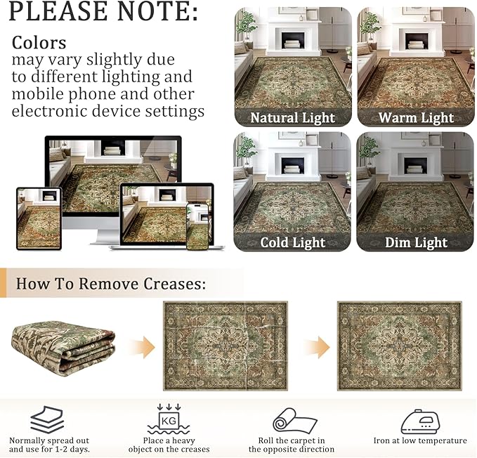6x9 Machine Washable Area Rug for Living Room, Brown Green Boho Vintage Floral Rug Large Non-Slip Low Pile Soft Faux Wool Carpet, Kids and Pets Friendly for Bedroom Dining Room Farmhouse Decor Rug