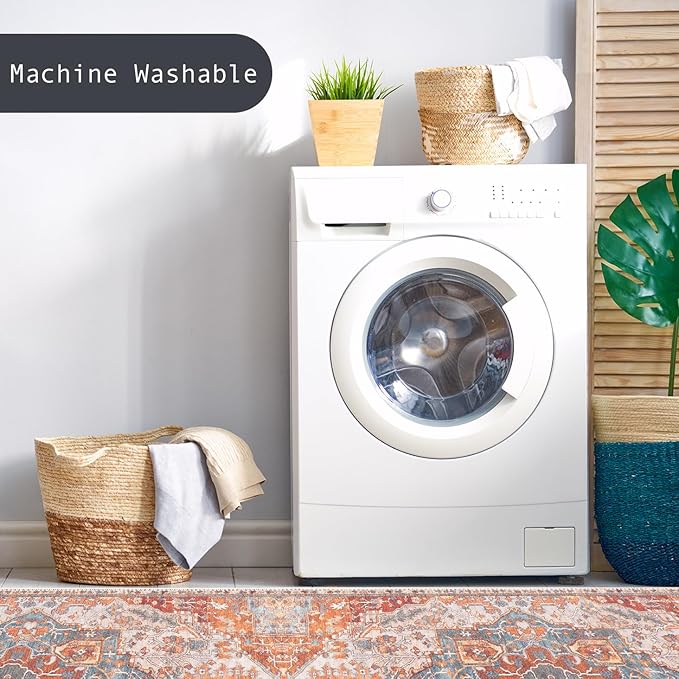 GLN Rugs Traditional Collection - Machine Washable Area Rug, Traditional Washable, Non Slip, Low Pile Chenille Rug, Living Room, Bedroom, Kitchen Rug (2'6" x 7' Cream/Terra)