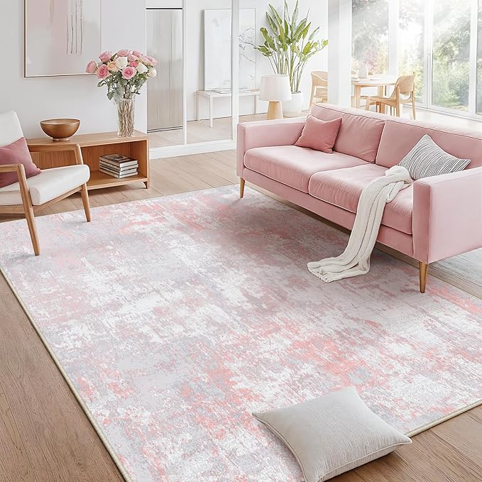 Washable Area Rugs 10'x14' Non-Slip Modern Abstract Soft for Living Room Entryway Bedroom Nursery, Print Pattern, Grey Pink
