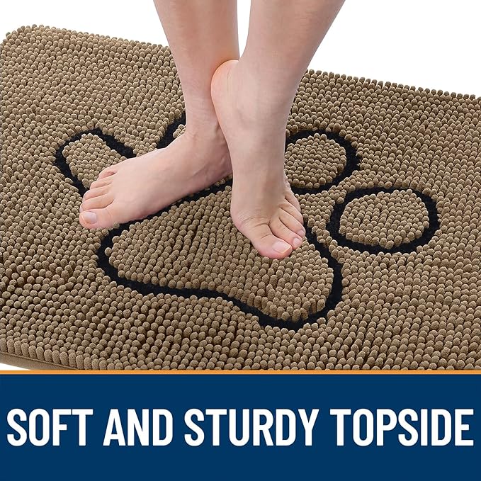 OLANLY Dog Door Mat for Muddy Paws 47x32, Paw Print Design, Absorbs Moisture and Dirt, Absorbent Non-Slip Washable Doormat, Quick Dry Chenille Mud Mat for Dogs, Entry Indoor Entryway Carpet, Tan