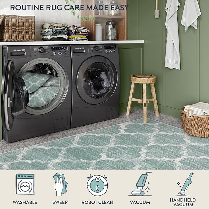 Lahome Moroccan Washable Living Room Carpet - Area Rug 4x6 Entryway Rug Non-Slip Soft Large Rugs for Bedroom Throw Low-Pile, Sage Green Print Distressed Modern Rug for Office Kitchen Dorm Entryway